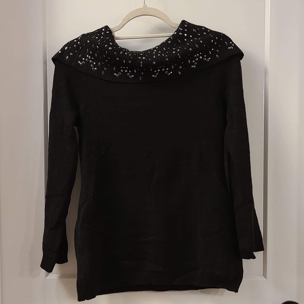 Black cowl neck sweater with metal embellishments